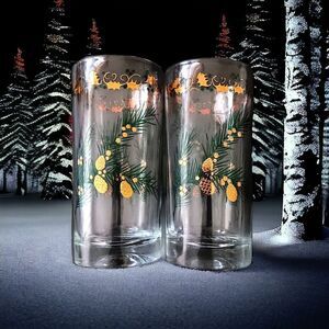 2 Hazel Atlas Pine Branch Glasses Tumblers Continental Can Co Gold Trim Holly